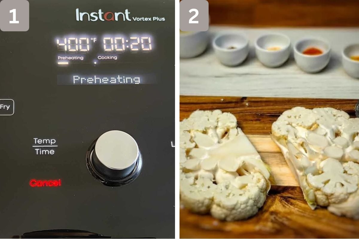 Air fryer preheating and cauliflower cut into required shapes