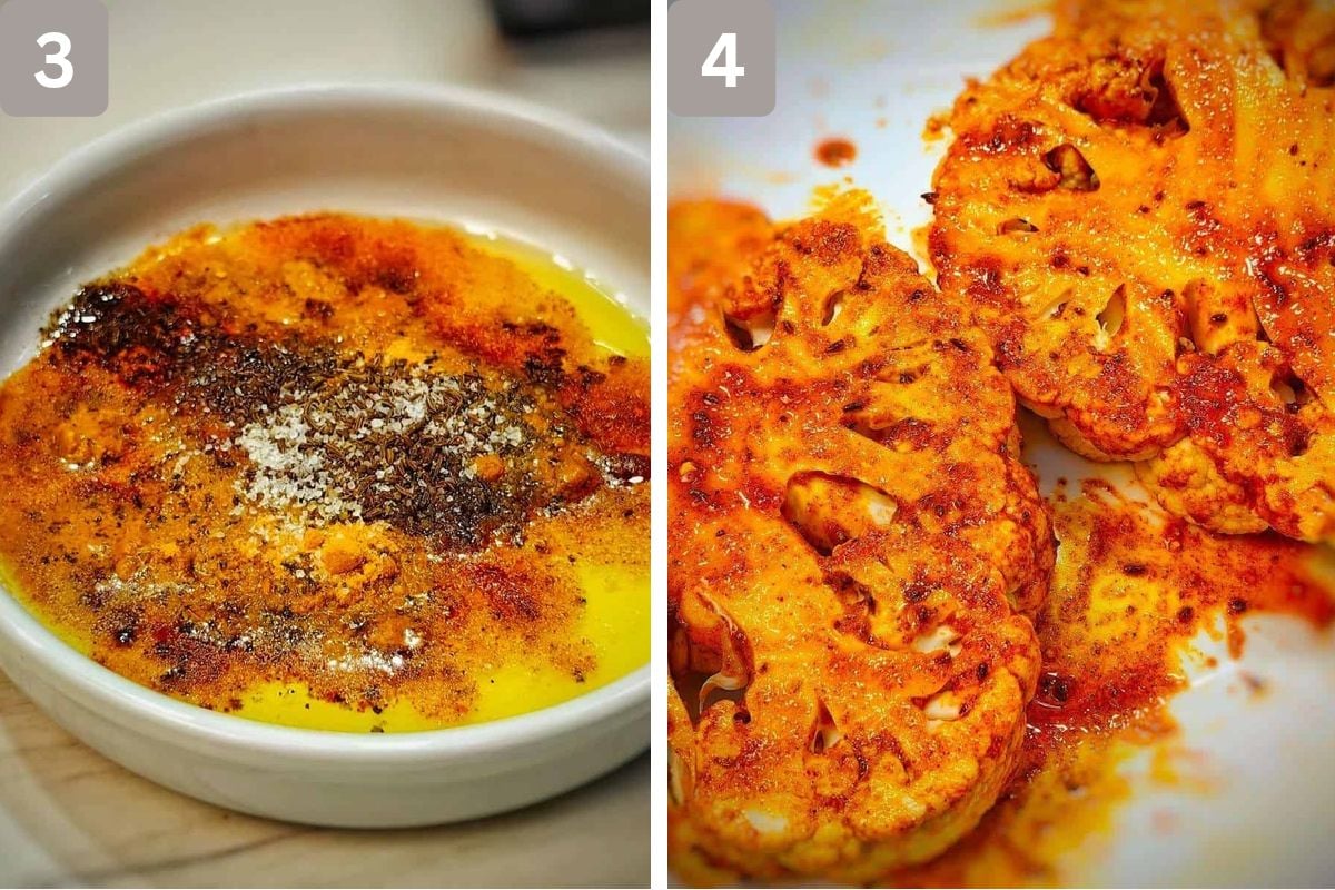 olive oil, turmeric, cumin, paprika, and garlic powder mixed and added to cauliflower evenly