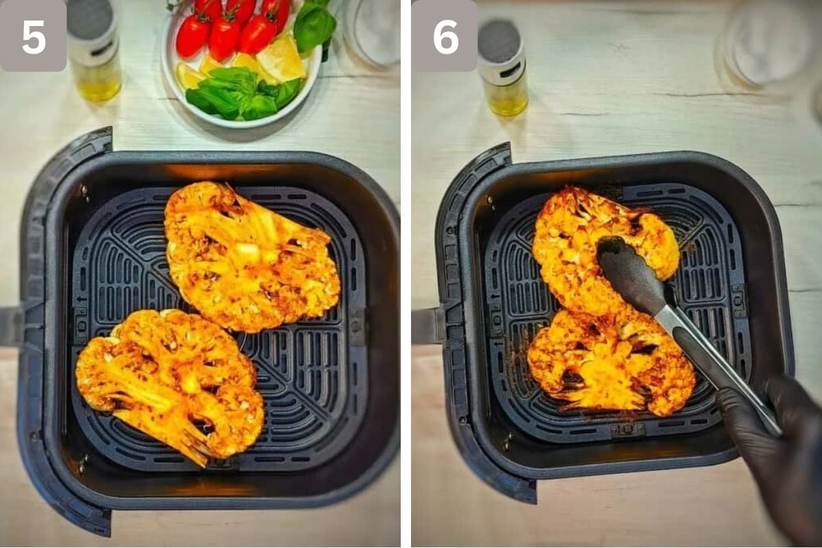 Cauliflower arranged in a single layer in air fryer and flipped halfway through cooking