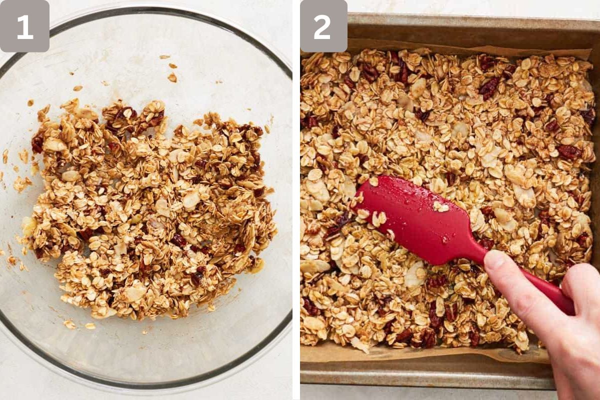 Ingredients mixed in a bowl and then added to baking pan and pressed down