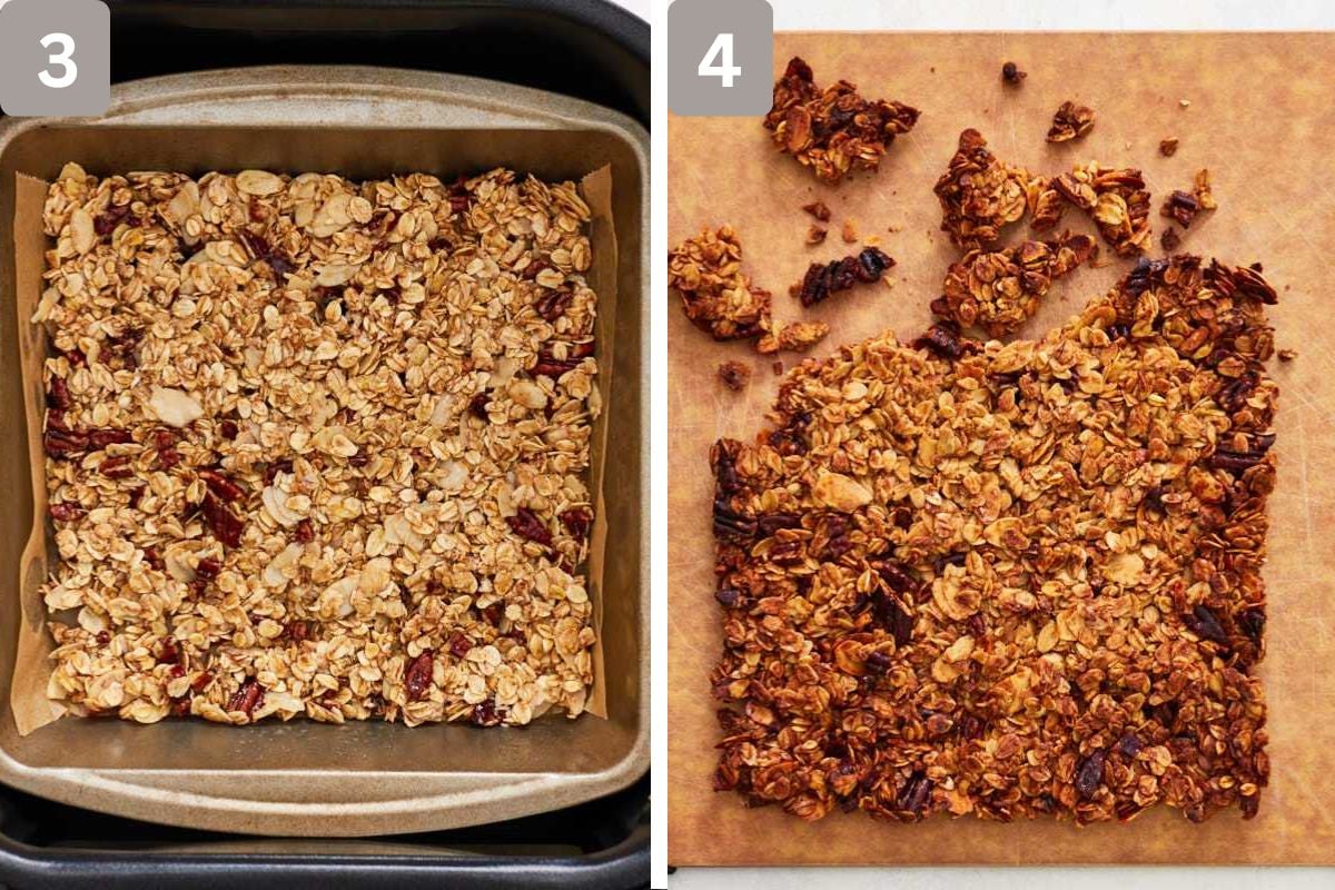 granola in air fryer basket and baked, then placed on parchment paper and broken ready to serve