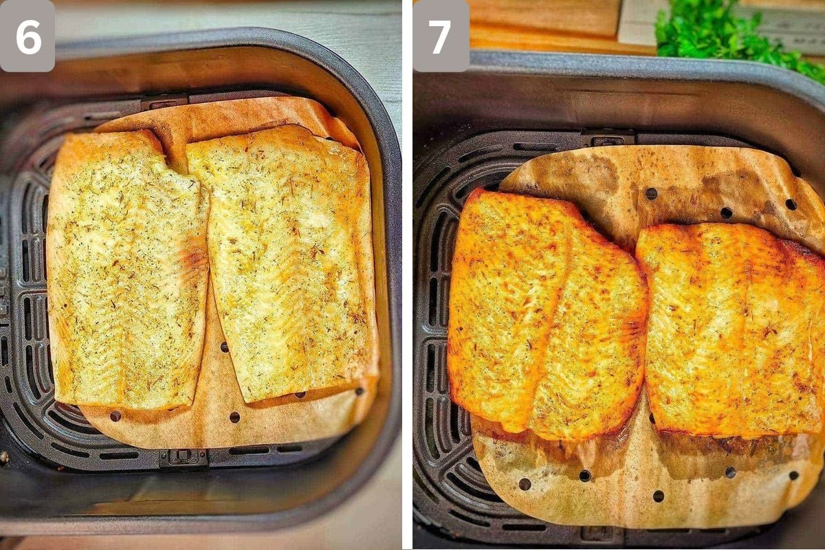 raw halibut in air fryer basket and flipped halfway through cooking