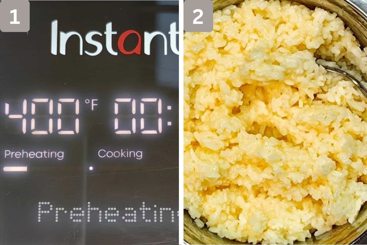 Air fryer preheating and rice mixed well with egg