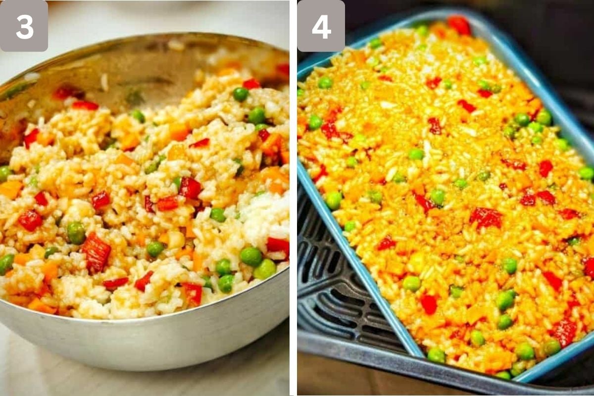 diced carrots, peppers, and onions. Add vegetable oil, soy sauce, ginger powder, garlic powder, salt, and pepper added to rice and cooked in air fryer