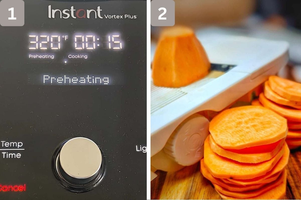 Air fryer preheated and sweet potatoes thinly sliced