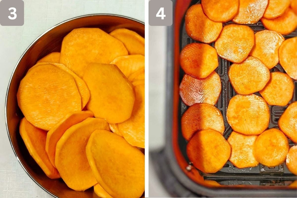Olive oil added to the slices and sweet potato added to air fryer basket in a single layer