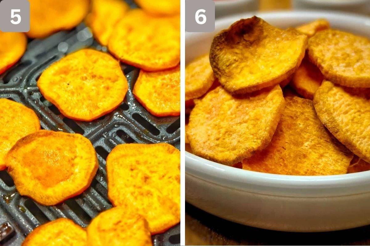 Sweet potato slices being air fried and then served