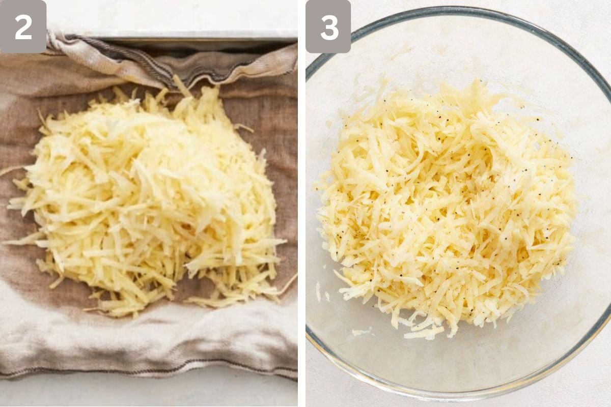 Excess moisture removed from grated potatoes and placed in a large bowl with spices