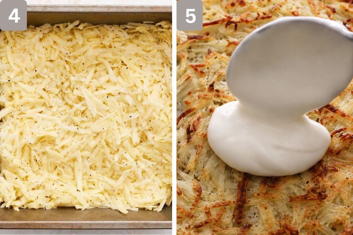 Potatoes pressed firmly into a baking pan and air fried, and sour cream placed on top
