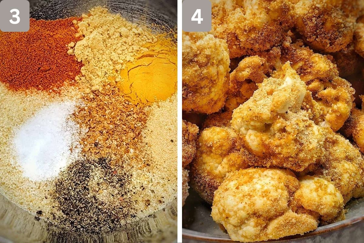breadcrumbs, garlic powder, onion powder, ground ginger, turmeric, paprika, salt, and pepper combined and cauliflower rolled in the mixture