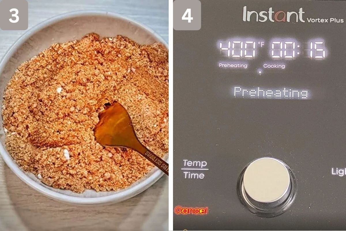 starch, paprika, garlic powder, salt, and black pepper mixed and air fryer preheated