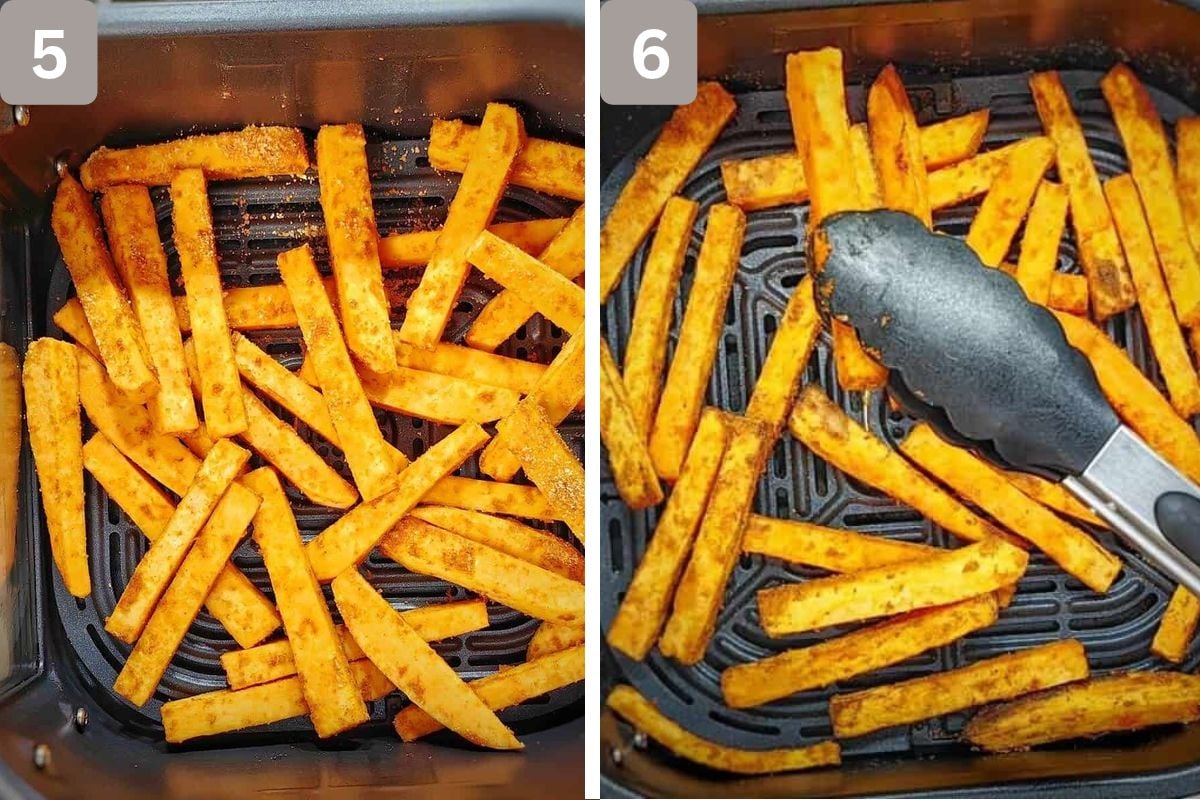 fries in air fryer basket spread out and turned halfway through