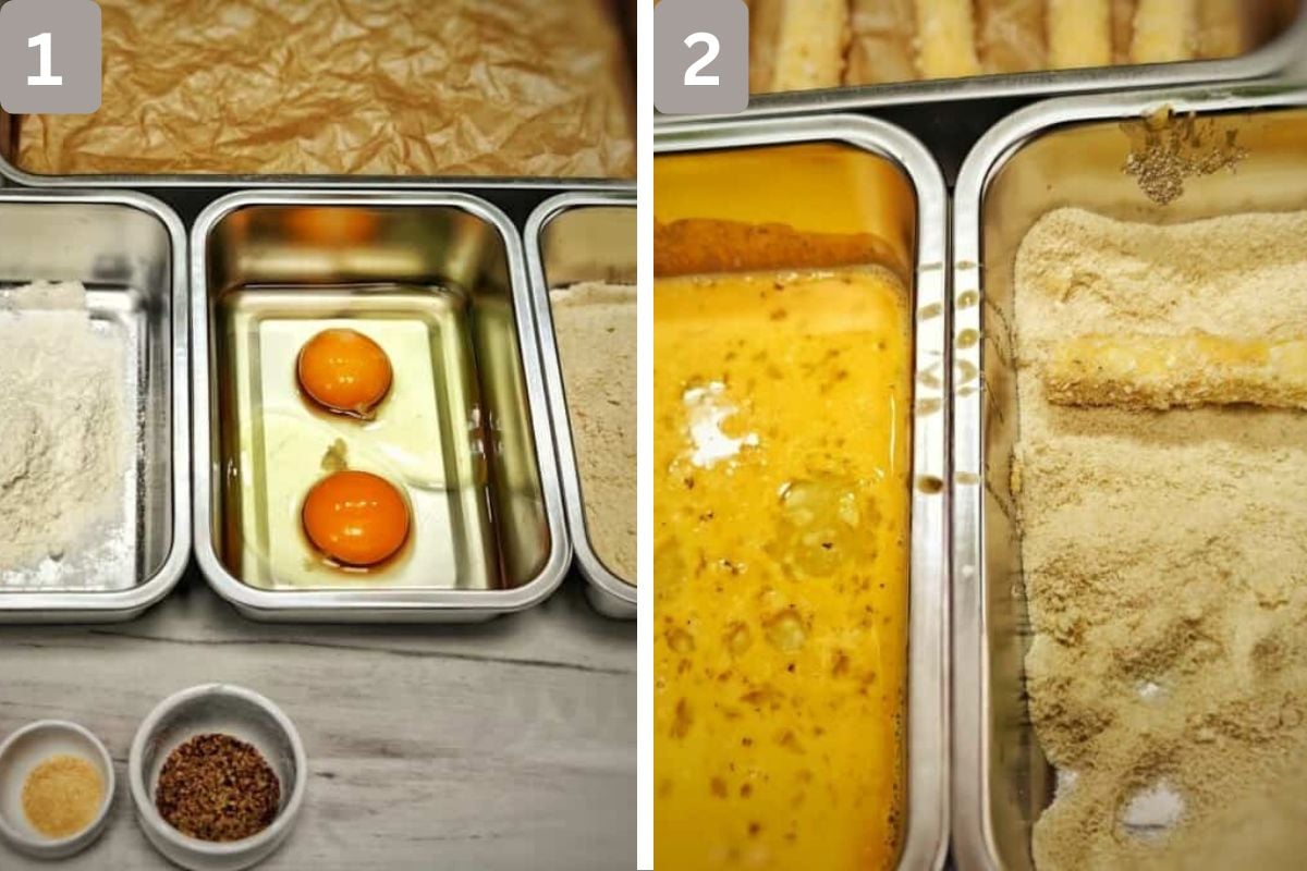 Flour mixture, eggs, and breadcrumbs all arranged in 3 different pans and mozzarella sticks dipped in each individually