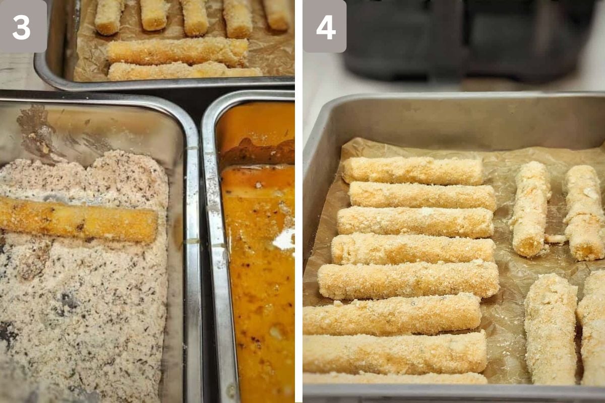 Mozzarella sticks dipped again after being frozen and arranged on a baking tray