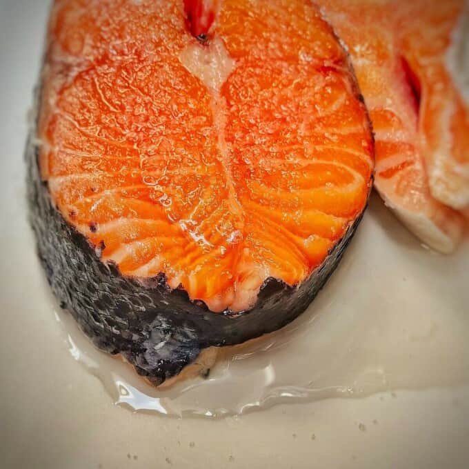 salmon steak with moisture drawn out