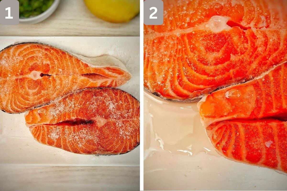Salt and sugar mixed and added to salmon steaks and moisture being drawn out of the fish