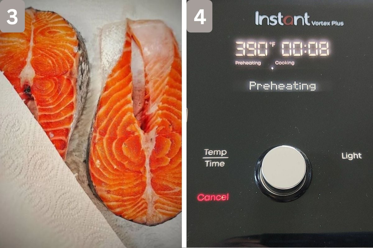 Rinse salmon steaks and air fryer preheating
