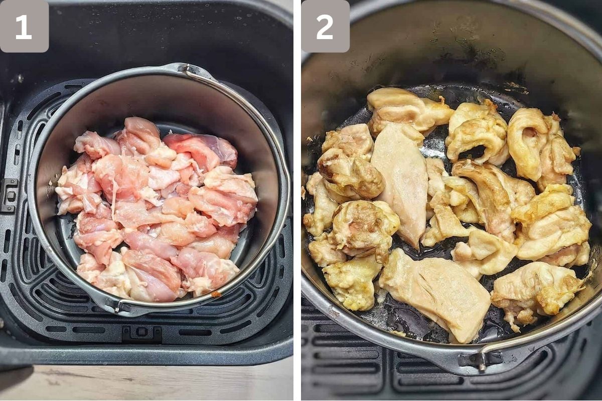 raw chicken in air fryer and slightly cooked after 10 minutes