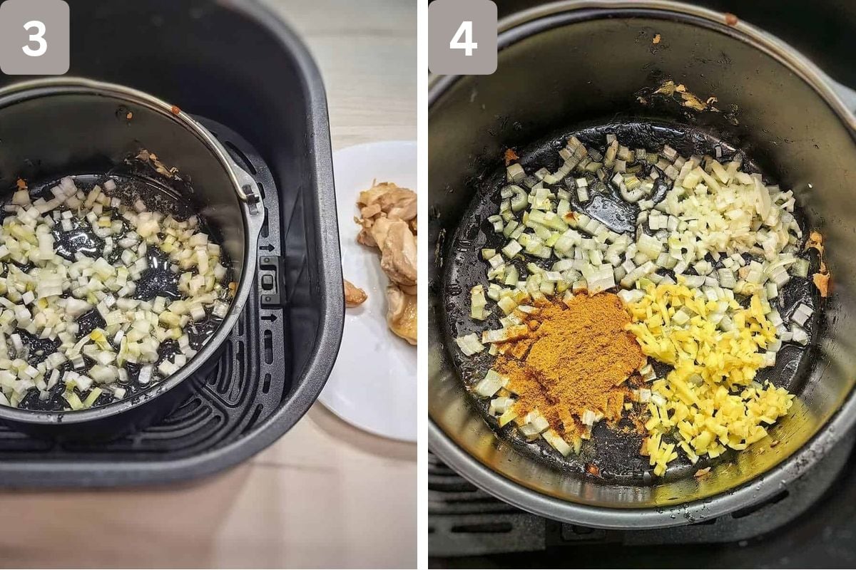 Finely chopped onions in bowl and chopped garlic, ginger and curry powder added