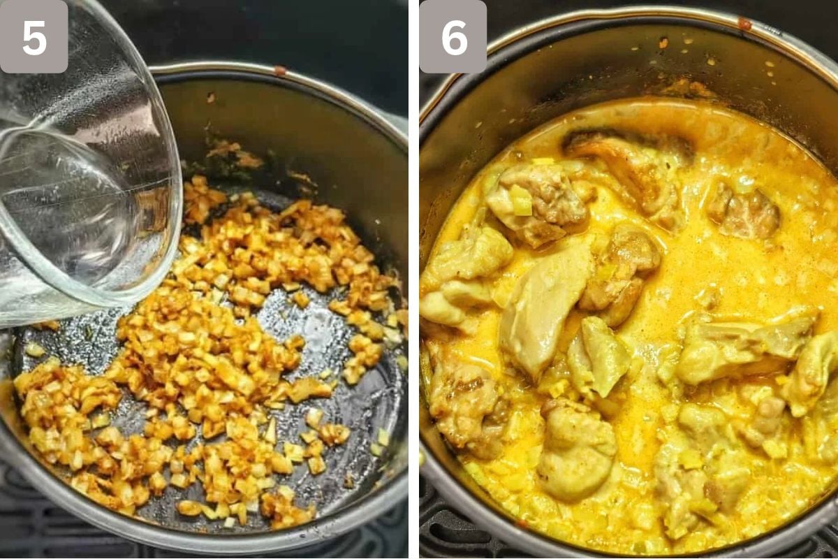 hot water and chicken added to onions and heavy cream added
