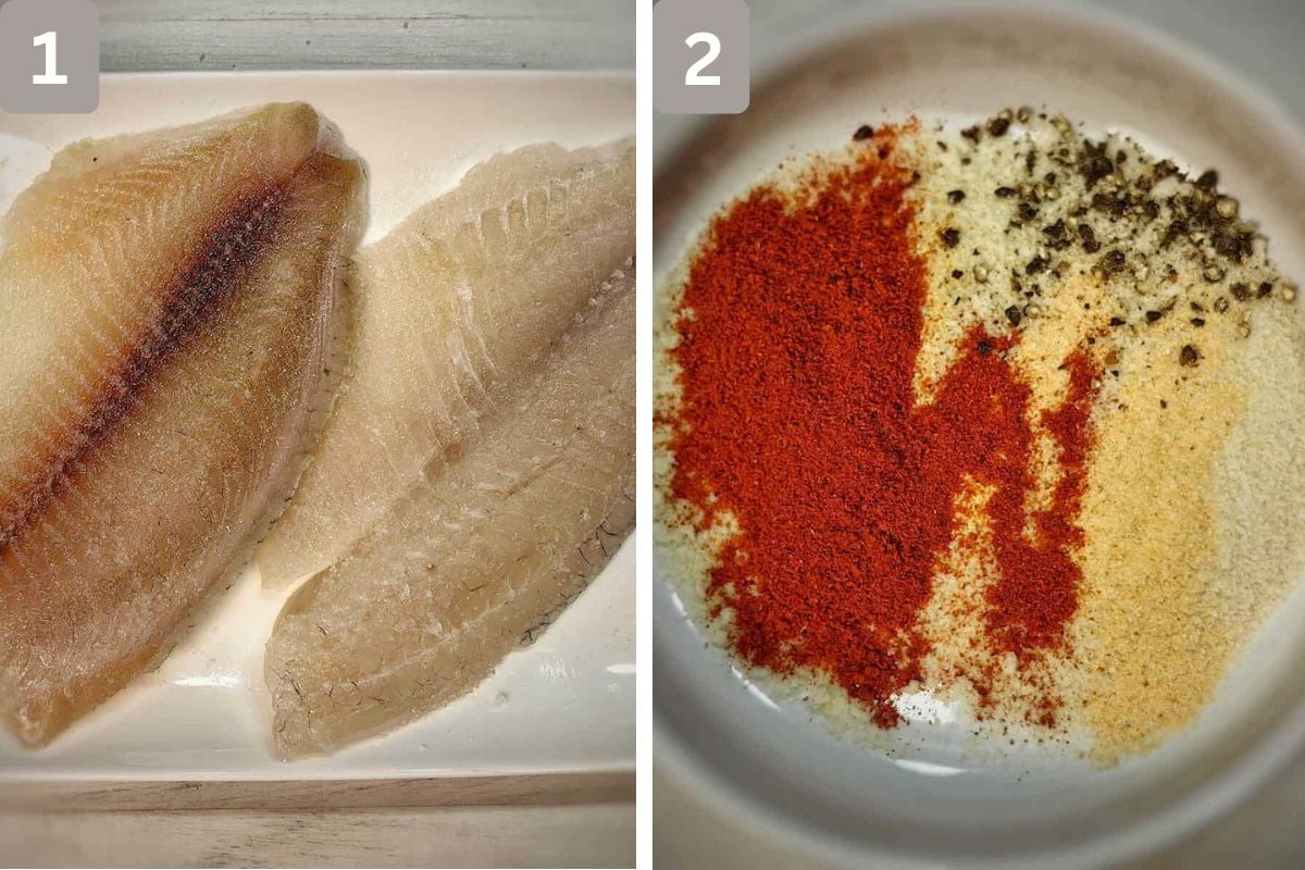 Salt and sugar mixed and added for the tilapia to marinate, and bread crumbs, paprika, garlic powder, and pepper mixed together