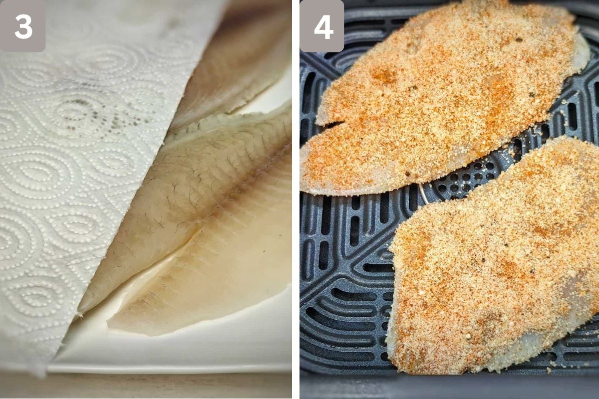 Tilapia patted dry with paper towels and breadcrumb mixture added to the tilapia