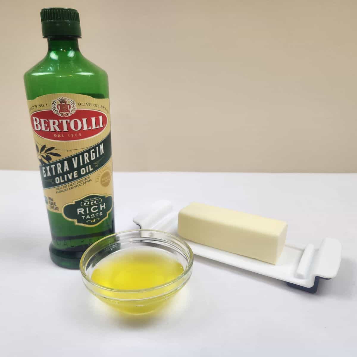 olive oil, clarified butter, and stick of butter