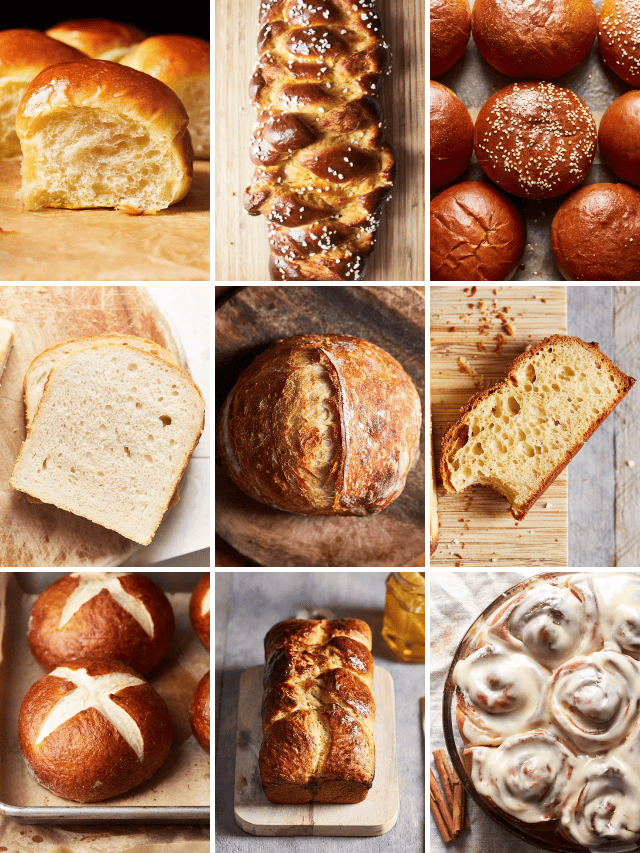 Collage of 9 homemade yeast and sourdough breads