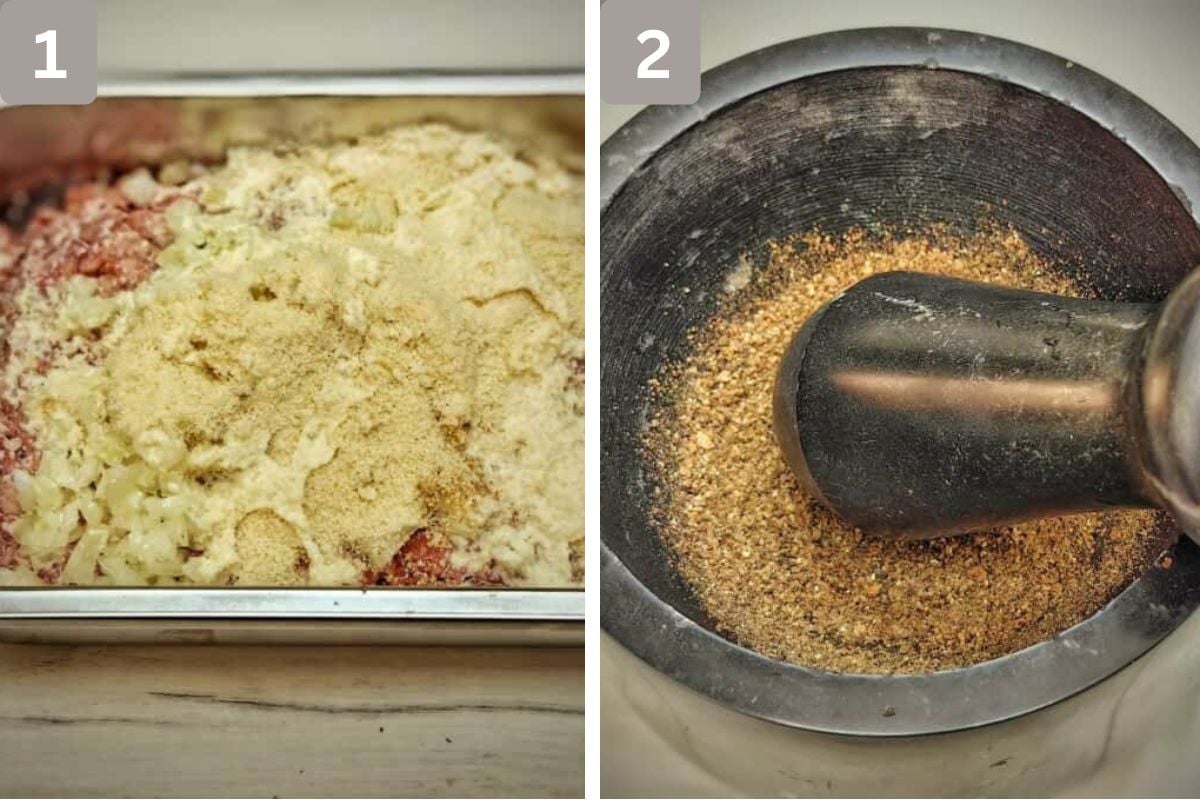 Ground beef with spices and ingredients added, and additional spices ground with a mortar and pestle.