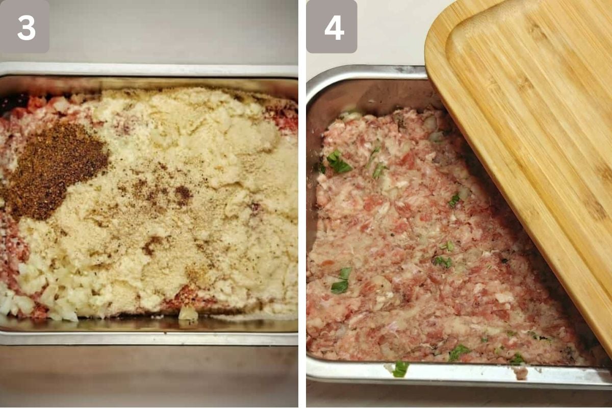 Spice blend added to meat and parsley added before letting the mixture rest