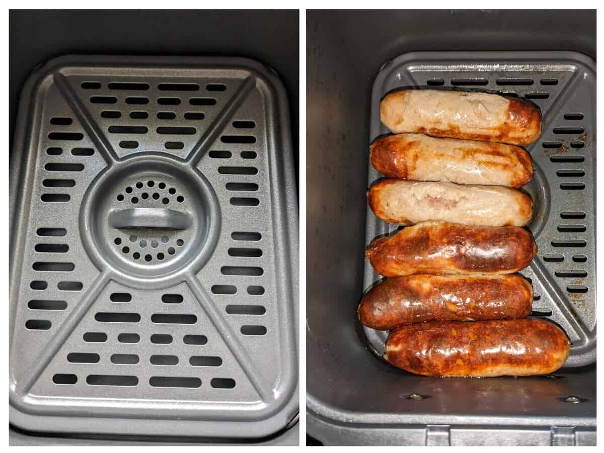 sausages inside 1 basket of the ninja foodi 2 basket air fryer