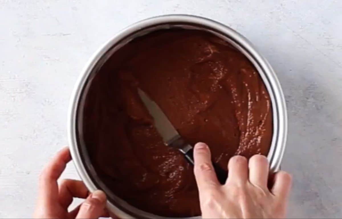 leveling cake batter in cake pan