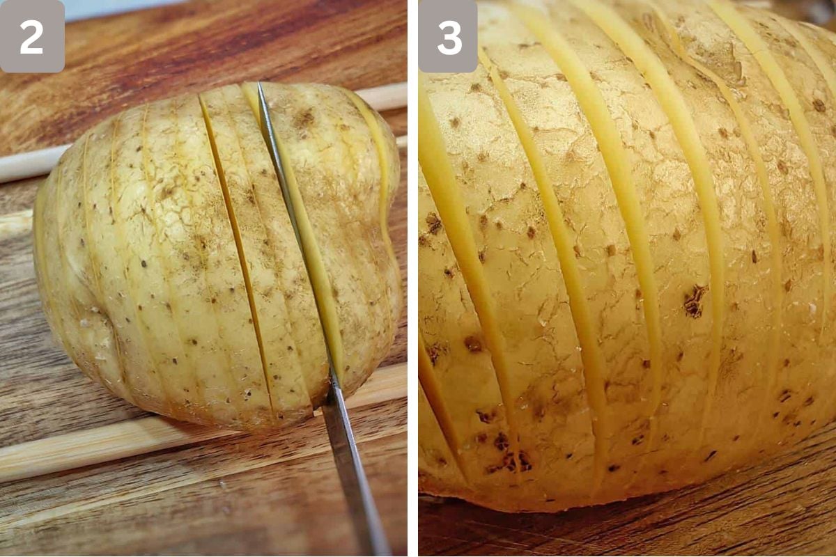 potatoes cut into thin slices but not all the way through, and rinsed in cold water