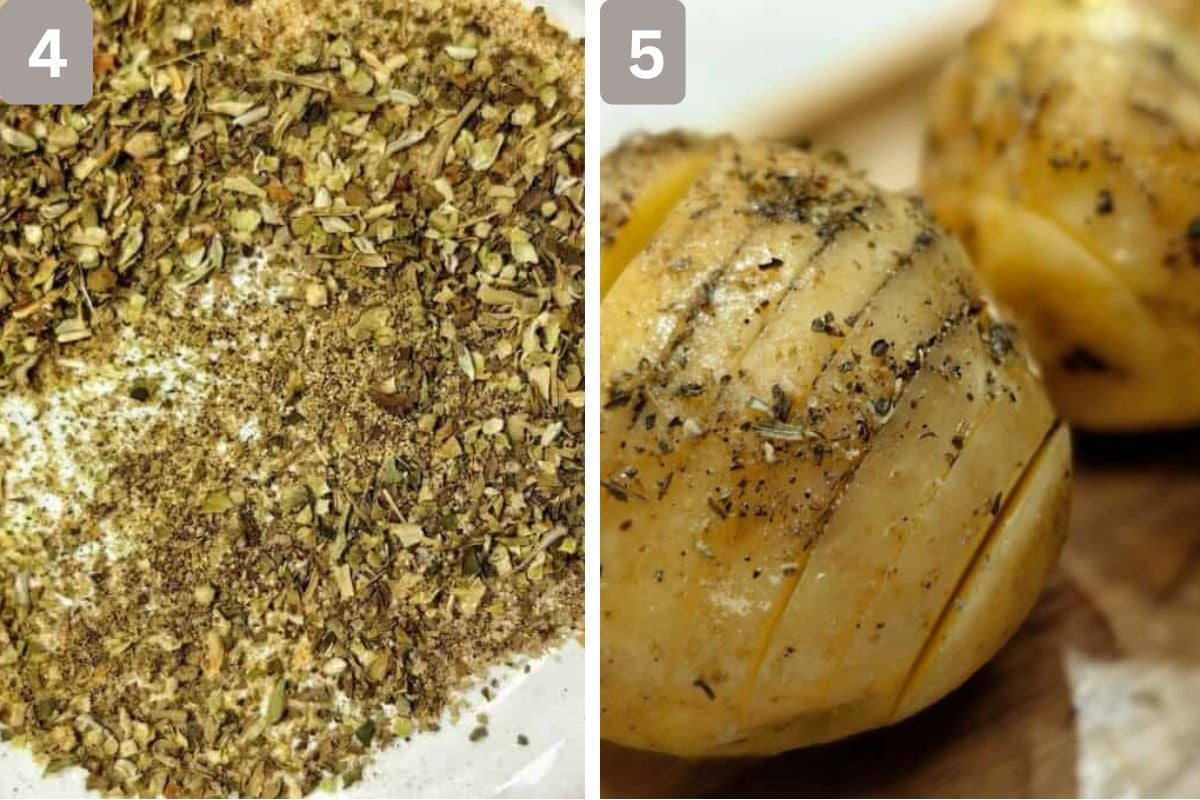 Herbs mixed and sprinkled on top of the potatoes after olive oil has been brushed on the top