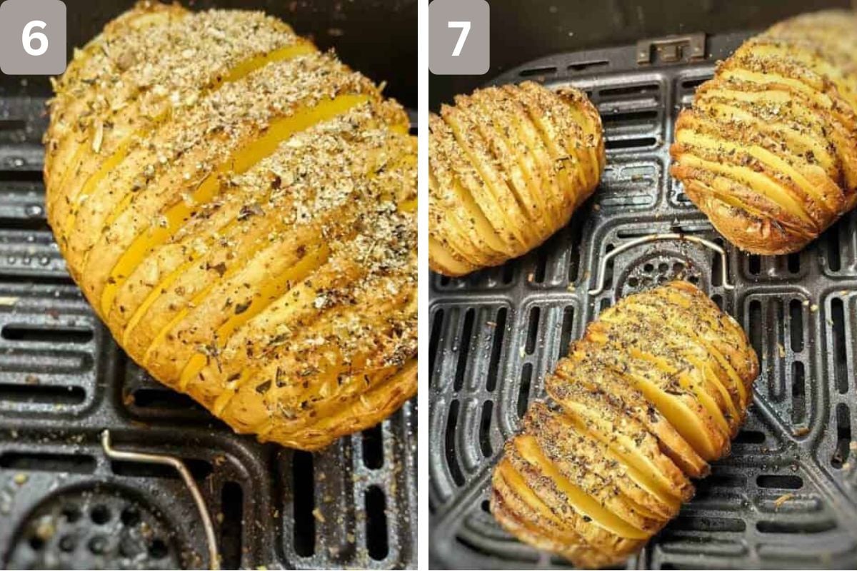 potatoes in the air fryer basket and the rest of the herbs sprinkled on top after 20 minutes