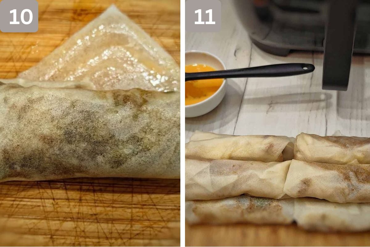 egg roll wrappers rolled with filling inside and brushed with egg wash