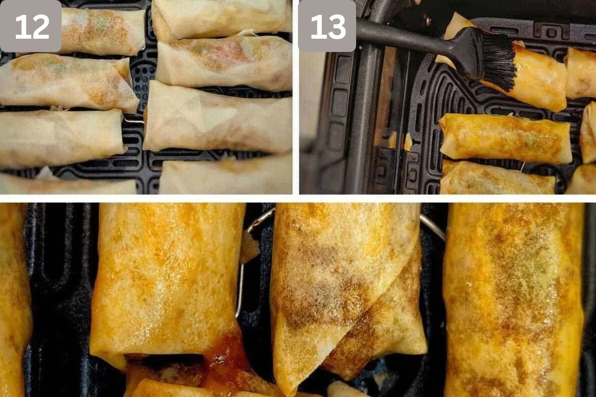 Egg rolls in the air fryer basket and brushed with more egg wash