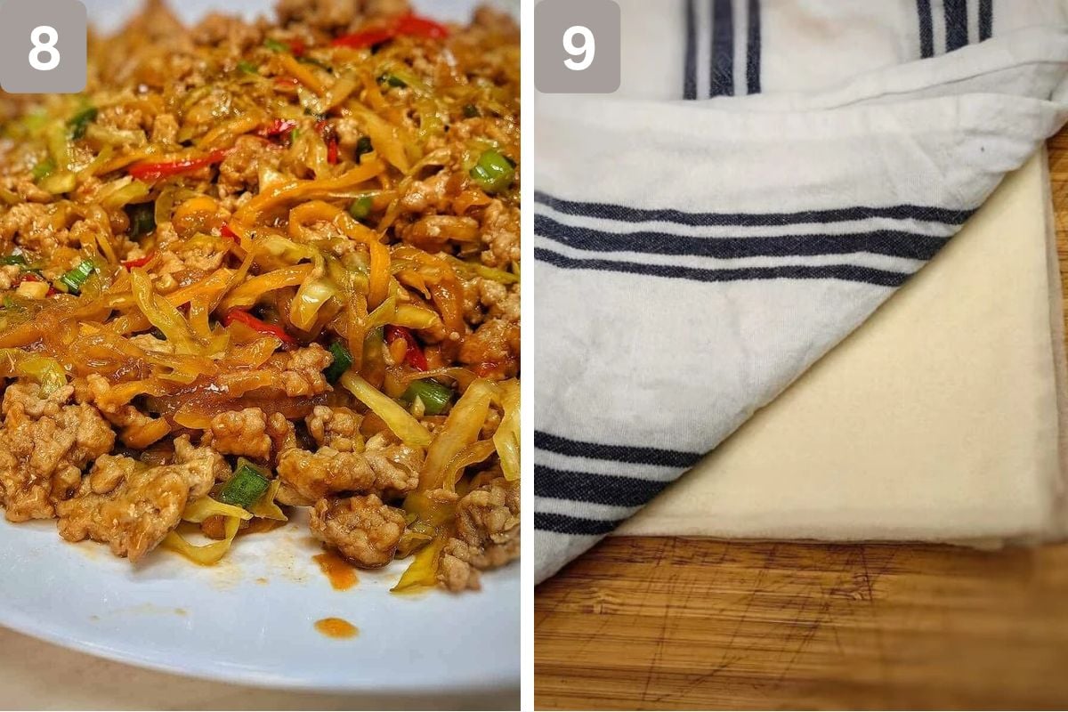 veggies in a white plate and egg roll wrappers covered with kitchen towels