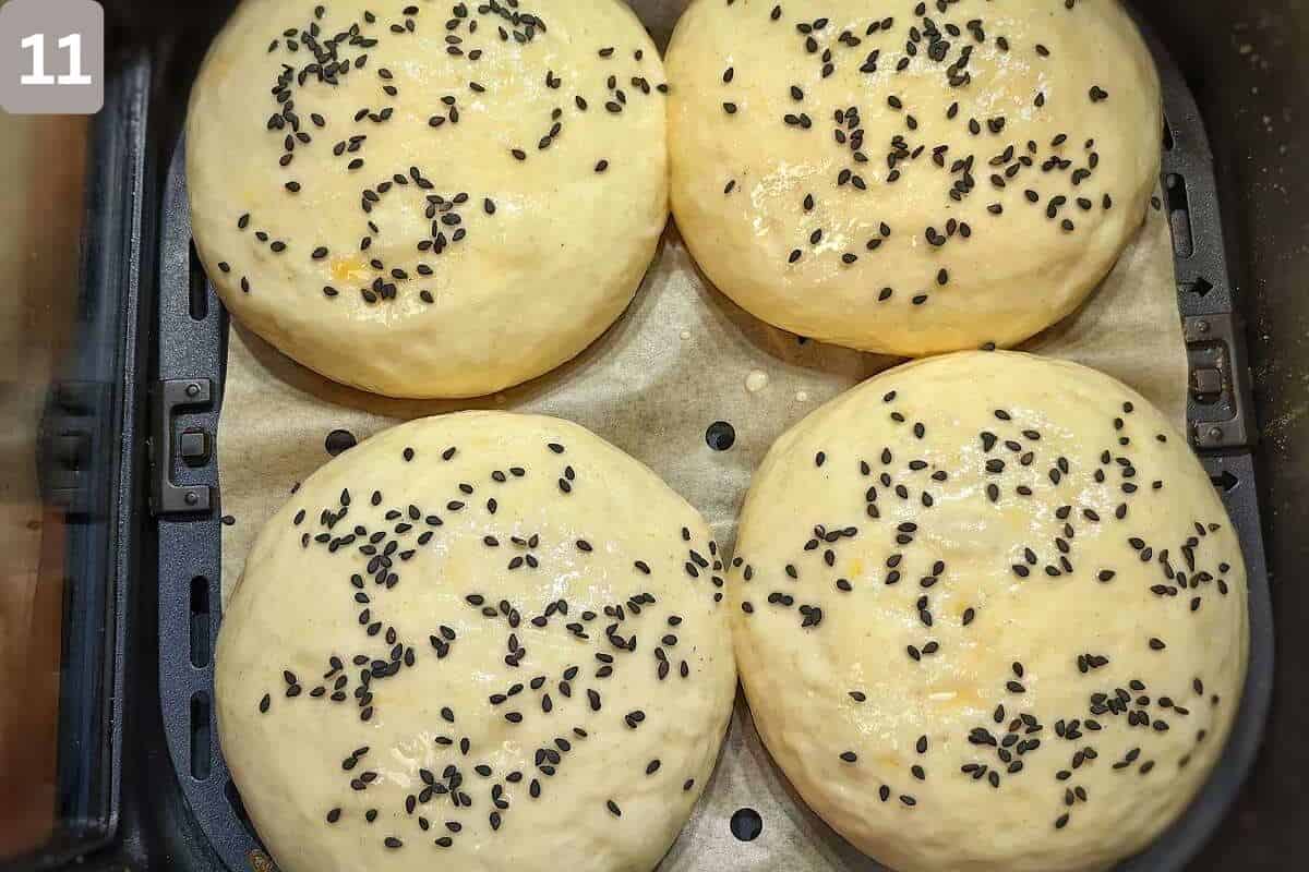 Sesame seeds added to the buns before air frying and after being egg washed