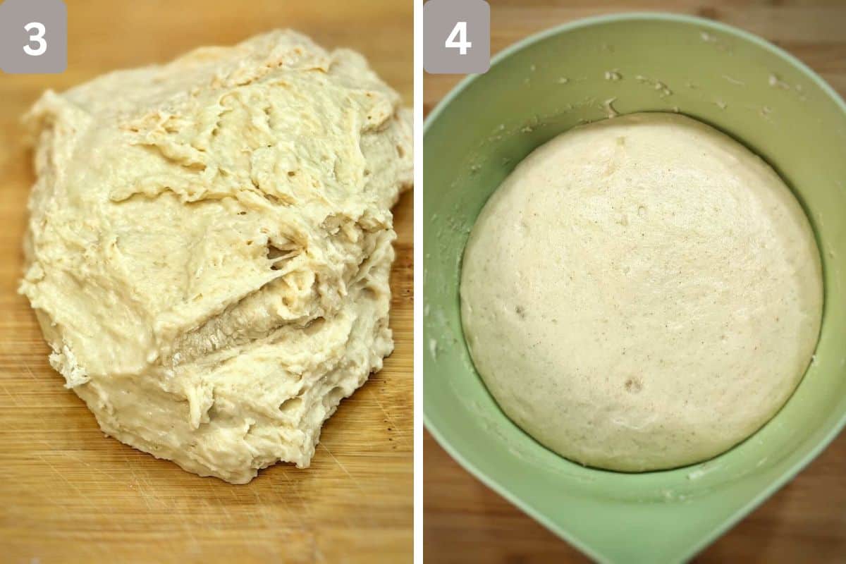Proofed dough on left and dough rising on right