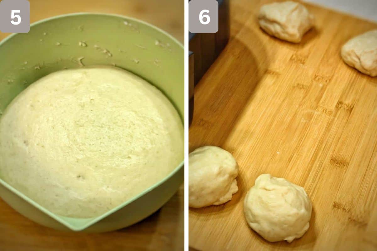 dough that has risen to 2 times the size and 4 equal protions on the right