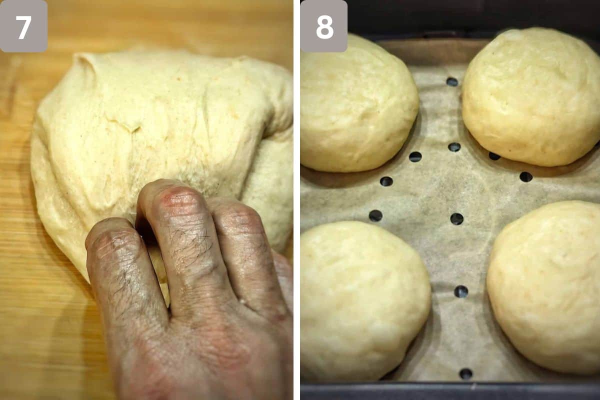 portions being shaped on left and placed apart in air fryer basket on the right
