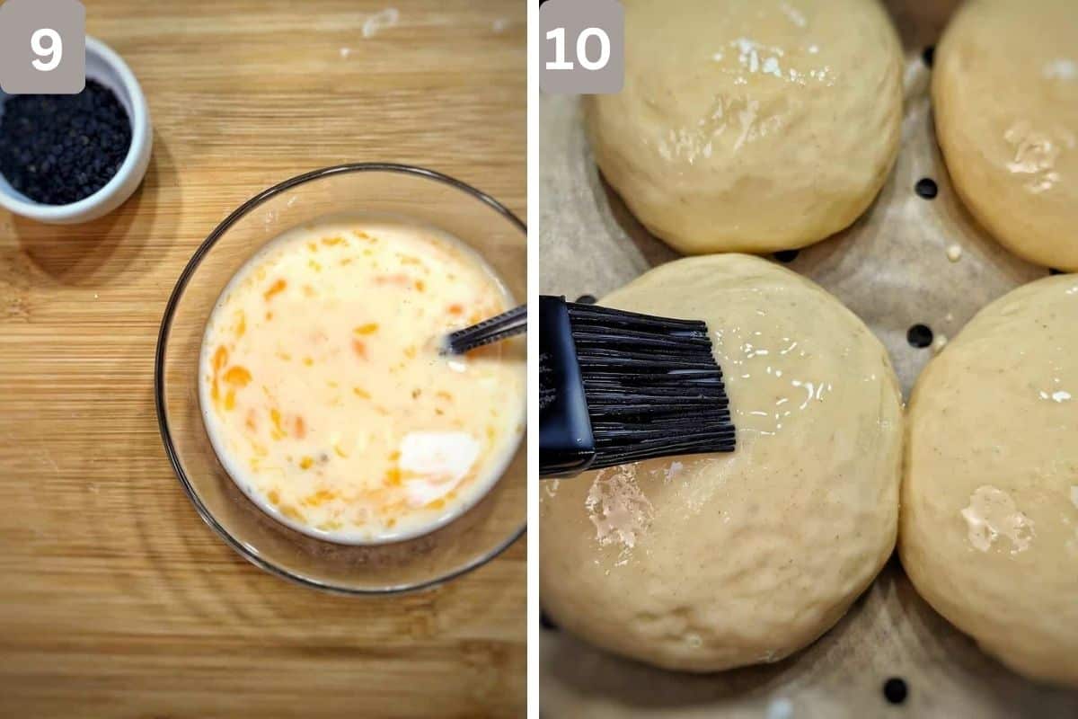 Egg wash mixture on left and buns being egg washed before air frying on the right