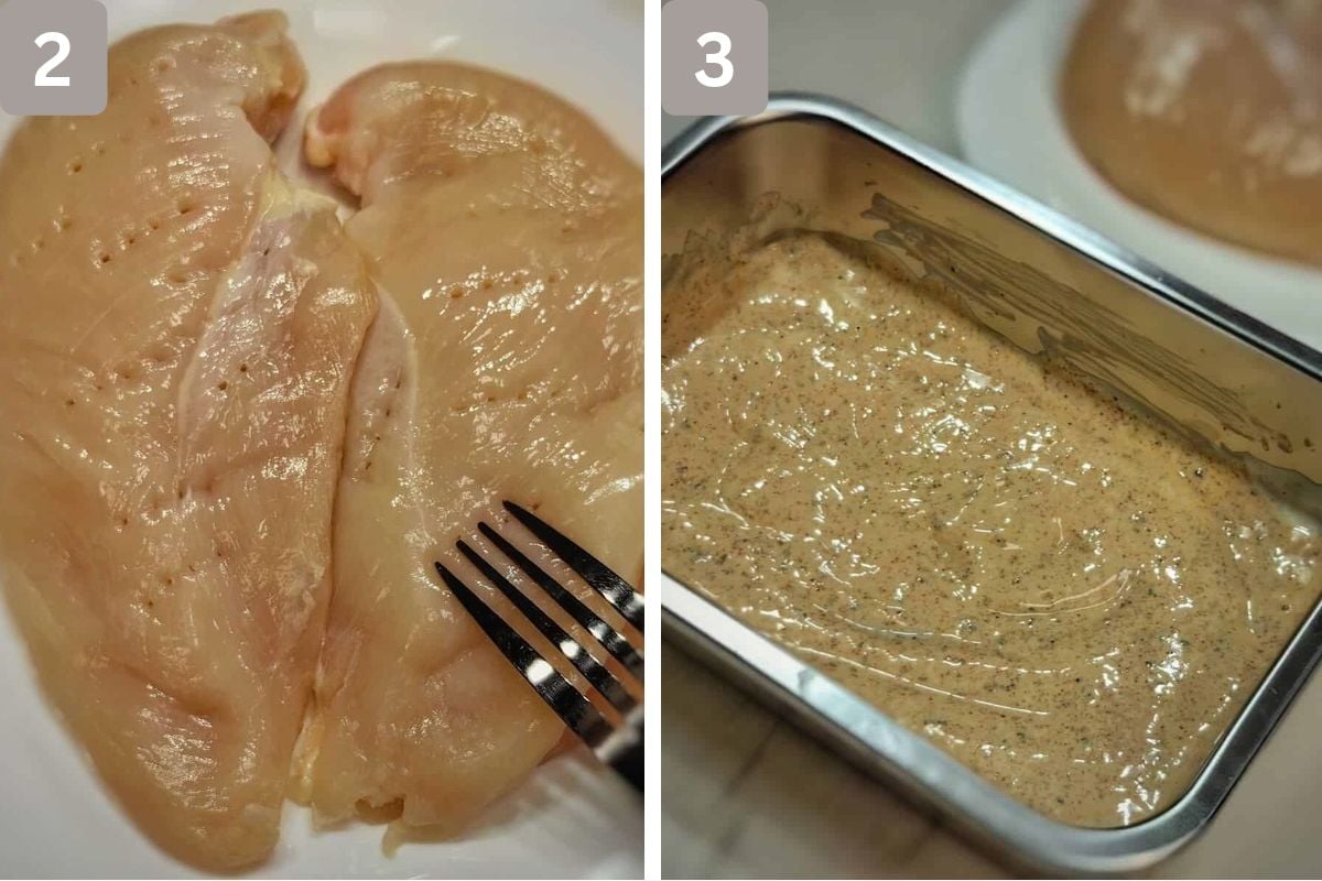 Chicken breasts prepared and marinade prepared in a silver dish