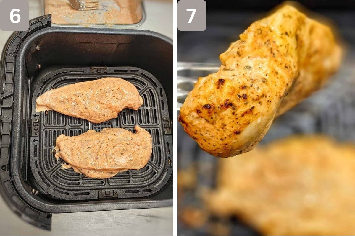 Chicken added to air fryer and flipped halfway through