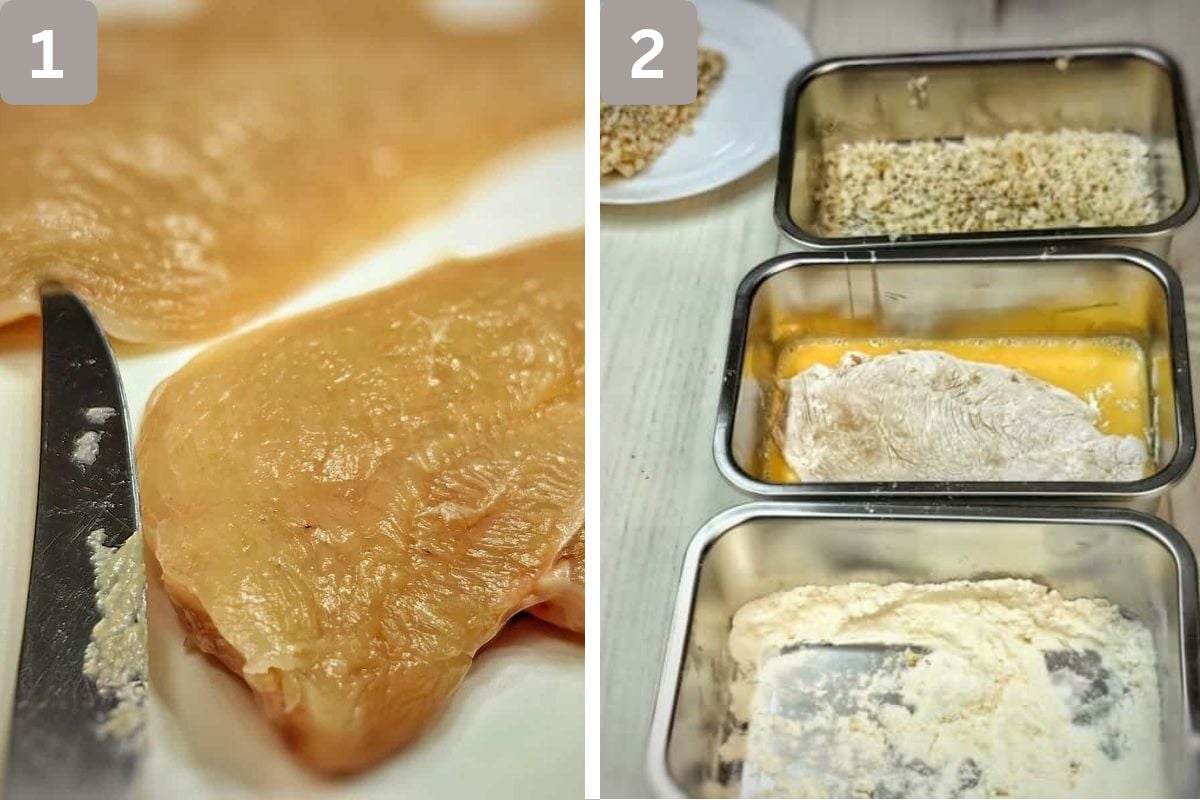 chicken cut lengthwise and all the ingredients mixed in the respective pans