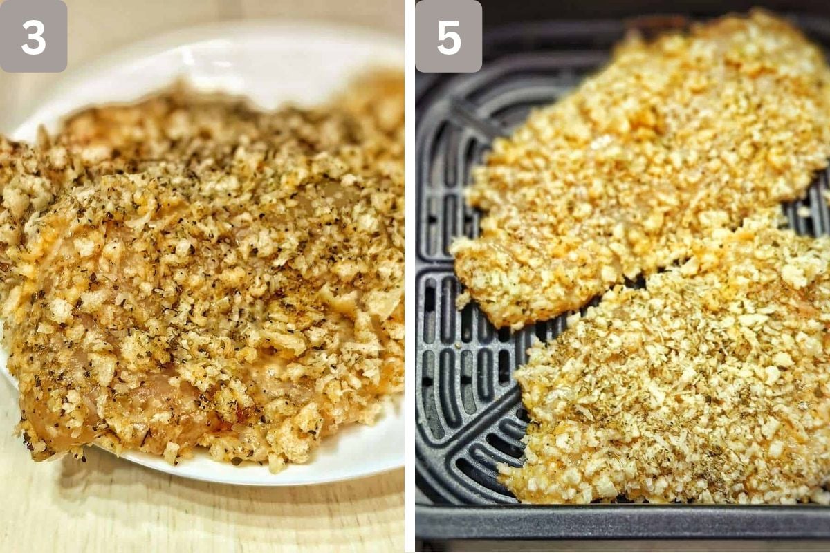 chicken coated with crumbs and placed in air fryer