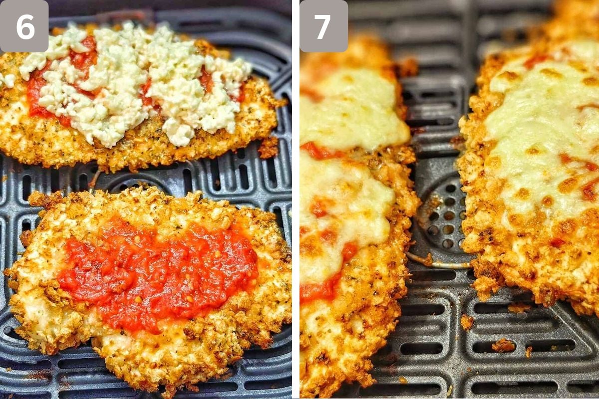 Chicken topped with mozzarella and tomato sauce and melted cheese on top of chicken