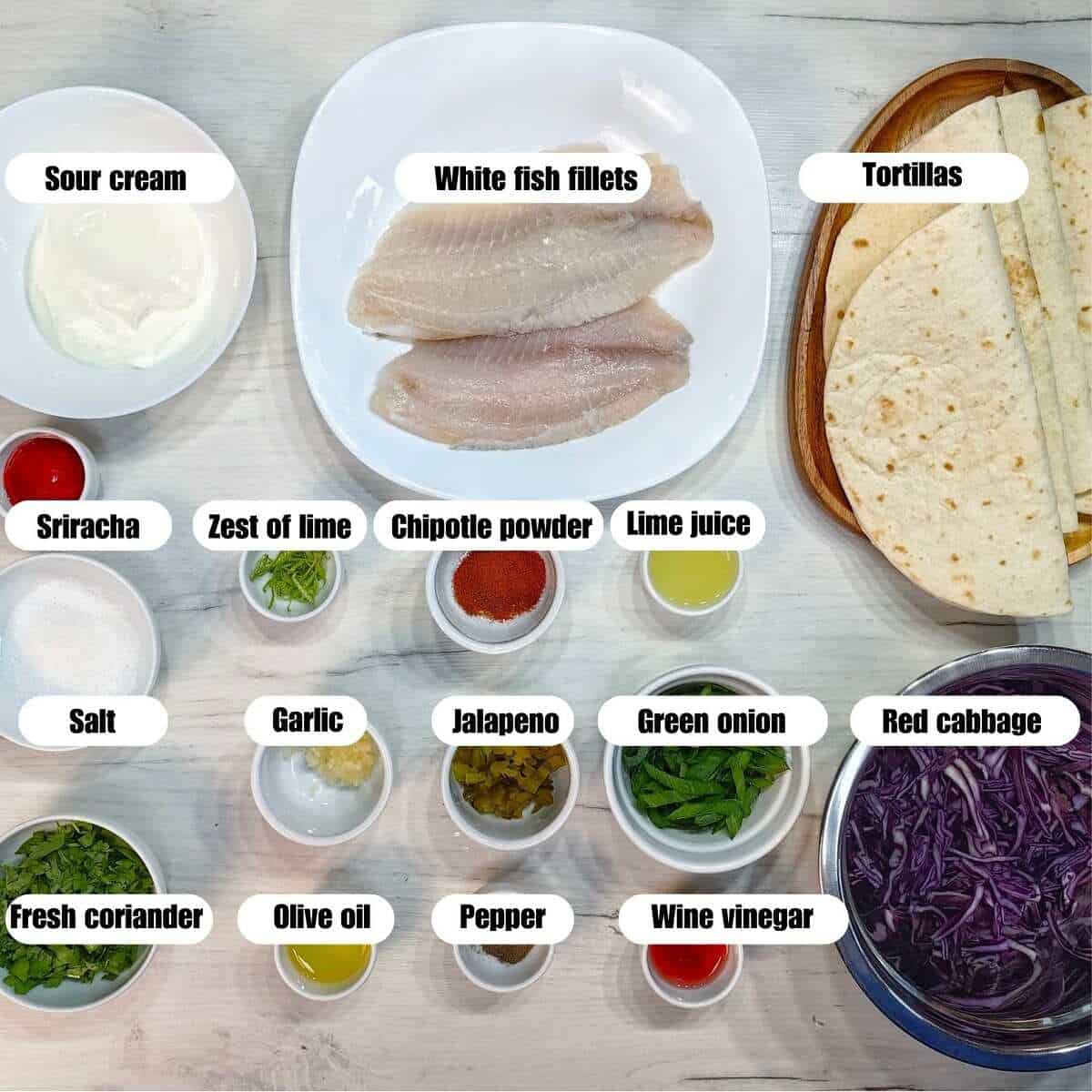 air fryer fish tacos ingredients with labels