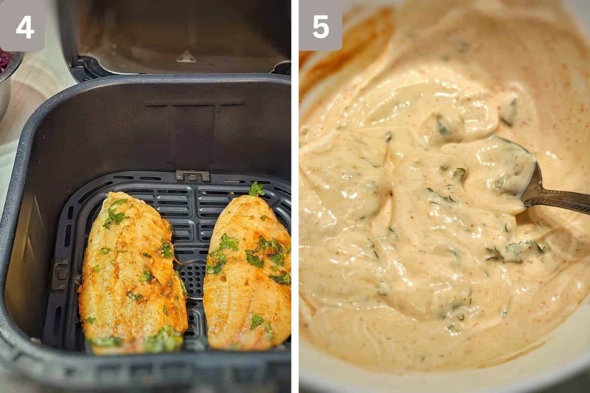 Fish placed apart in air fryer and completed pink sauce in image 2